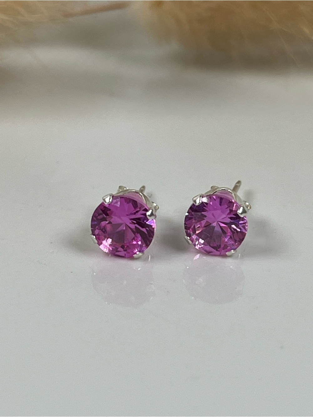 Solid Sterling Silver Pink Sapphire Gemstone Stud Post Back Earrings